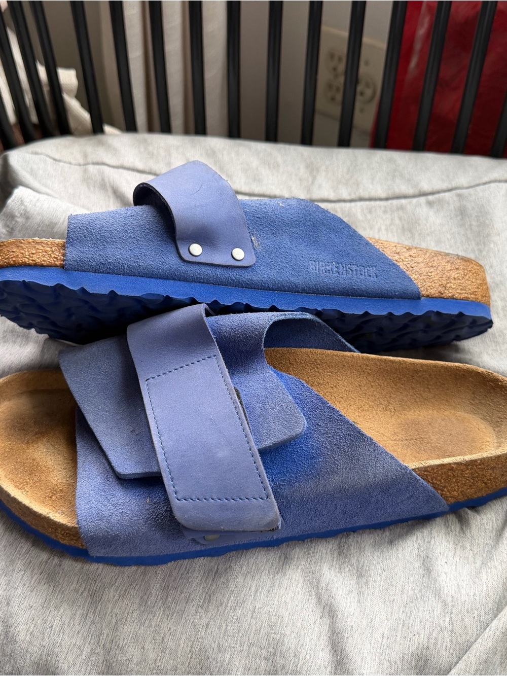 Birkenstock Blue Suede Two-Strap Slide Sandals